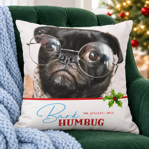 Dog Photo Funny Bark Humbug Christmas Gift Cushion