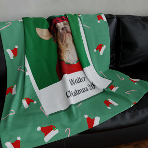 Dog Photo Green Custom Christmas Fleece Blanket