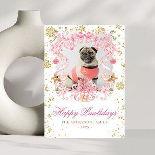 Dog Photo Happy Pawlidays Pink Bow Christmas Crest Holiday Card