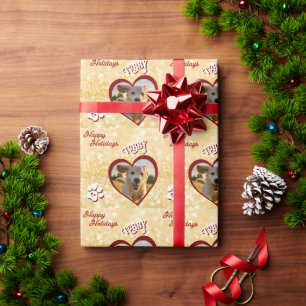 Dog photo heart and name christmas happy holidays wrapping paper