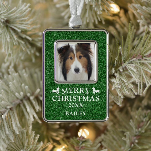 Dog Photo Merry Christmas Personalised Silver Plated Framed Ornament (Tree)