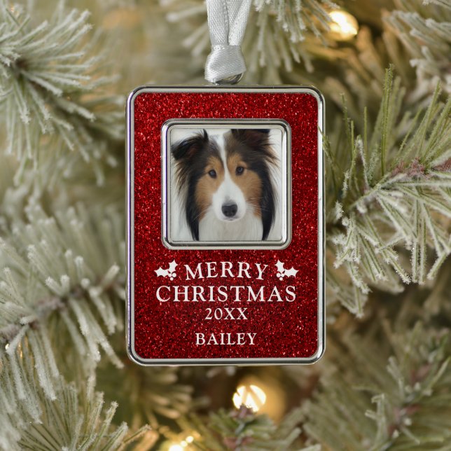 Dog Photo Merry Christmas Red Glitter Name Silver Plated Framed Ornament (Tree)