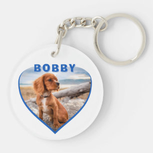 Dog Photo Name Blue Heart Dog Key Ring