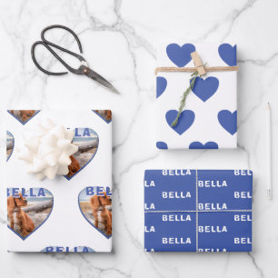 Dog Photo Name Blue Heart Pet Wrapping Paper Sheet