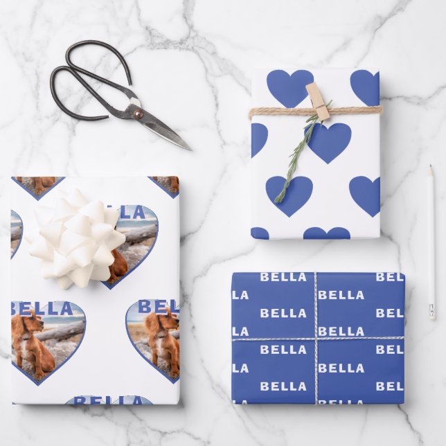 Dog Photo Name Blue Heart Pet Wrapping Paper Sheet (Front)