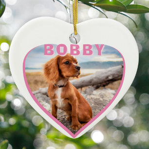 Dog Photo Name Pink Heart Dog Owner Keepsake Ceramic Tree Decoration