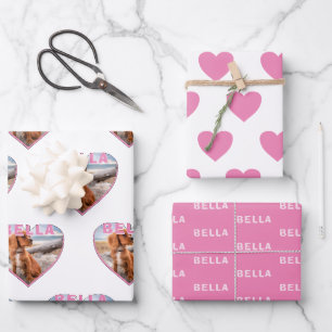 Dog Photo Name Pink Heart Pet Wrapping Paper Sheet