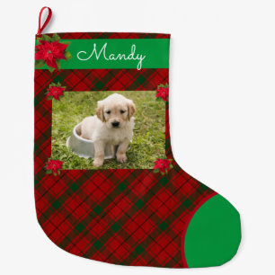 Dog Photo & Name Pretty Plaid Red Green Large Christmas Stocking