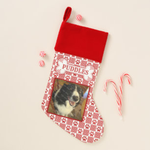 Dog Photo Name Red Paw Print Gingham Bone   Custom Christmas Stocking