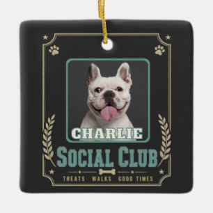 Dog Photo & Name Vintage Social Club Ceramic Ornament