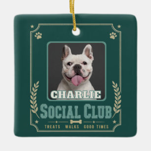 Dog Photo & Name Vintage Social Club Ceramic Ornament