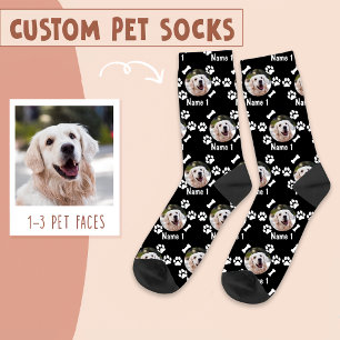 Dog Photo & Name, with Bones & Paw Prints on Black Socks
