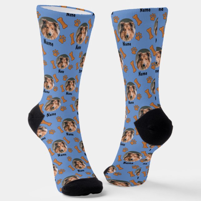 Dog Photo & Name, with Bones & Paw Prints on Blue Socks (Angled)