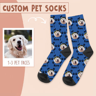 Dog Photo & Name, with Bones & Paw Prints on Blue Socks