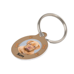 Dog Photo & Name, with Bones & Paw Prints on Brown Pet Tag