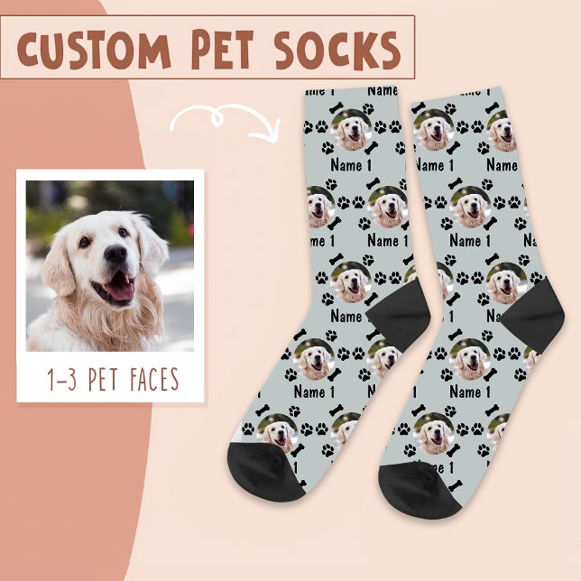 Dog Photo & Name, with Bones & Paw Prints on Grey Socks (Creator Uploaded)