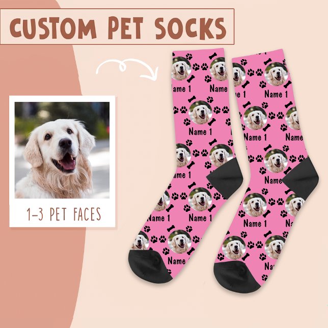 Dog Photo & Name, with Bones & Paw Prints on Pink Socks (Creator Uploaded)