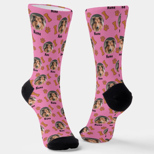 Dog Photo & Name, with Bones & Paw Prints on Pink  Socks (Angled)