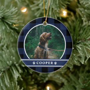 Dog Photo Navy Blue Plaid Tartan Ceramic Tree Decoration