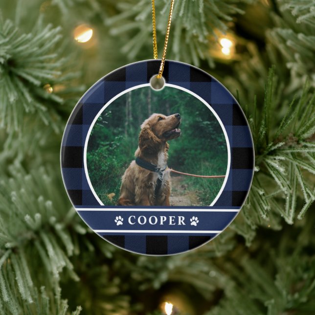 Dog Photo Navy Blue Plaid Tartan Ceramic Tree Decoration (Tree)