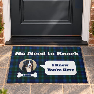 Dog Photo Navy Tartan Plaid No Need To Knock Funny Doormat
