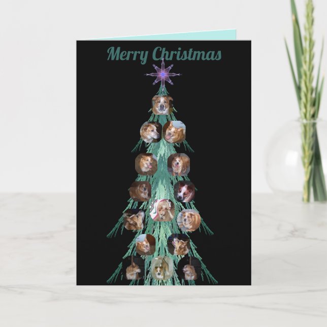 Dog Photo Ornaments on Fractal Tree Black Holiday Card (Front)