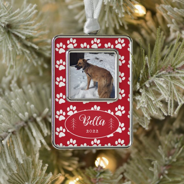 Dog Photo Paw Prints Pattern Red Framed Ornament (Tree)
