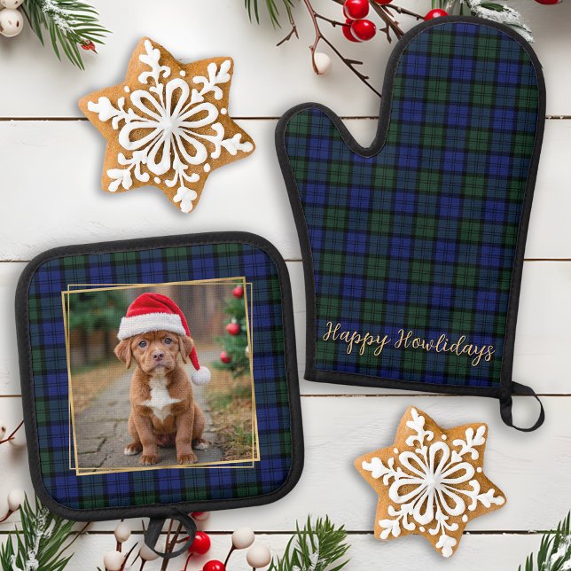 Dog Photo Personalised Modern Rustic Holiday Plaid Oven Mitt & Pot Holder Set (Creator Uploaded)