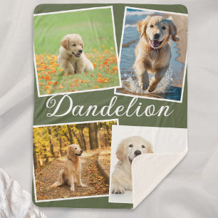 Dog Photo Pet Collage Olive Green Personalised Sherpa Blanket