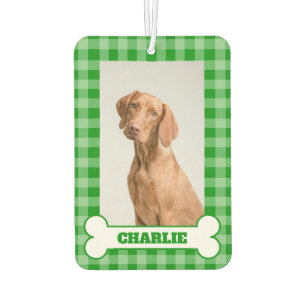 Dog Photo Pet Name in Bone on Green Gingham Plaid Car Air Freshener