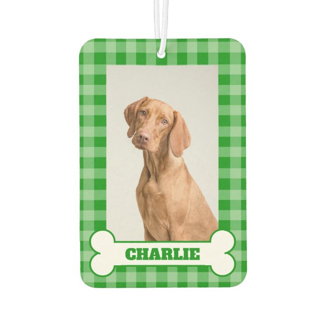 Dog Photo Pet Name in Bone on Green Gingham Plaid Car Air Freshener (Back)