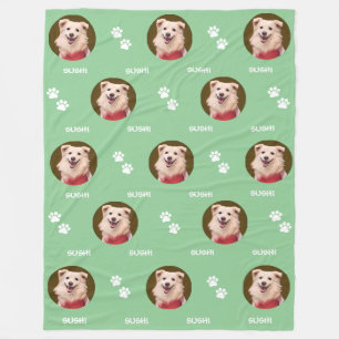 Dog Photo Pet Name Paws Mint Green Fleece Blanket