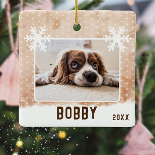 Dog Photo Pet Name Snowflake Watercolor Christmas Ceramic Ornament