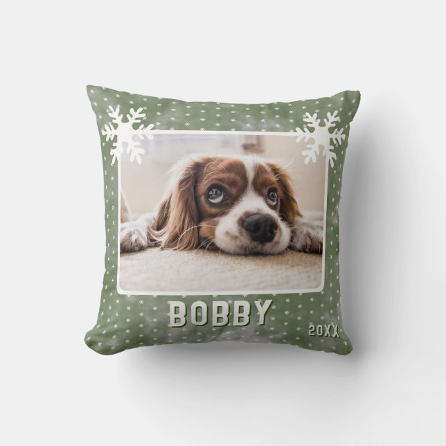 Dog Photo Pet Name Snowflake Watercolor Christmas Cushion (Front)
