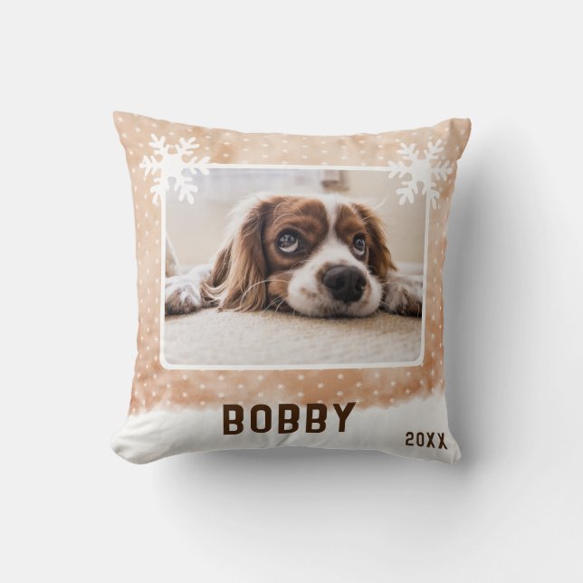 Dog Photo Pet Name Snowflake Watercolor Christmas Cushion (Front)