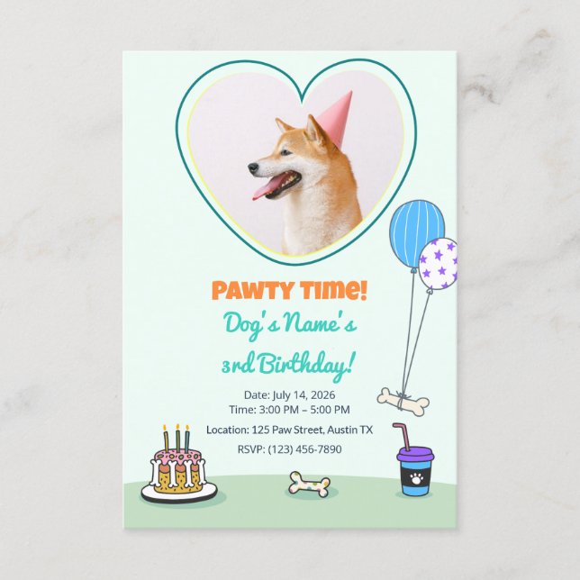 Dog Photo Pet Pawty Birthday Party Design Theme Invitation (Front)