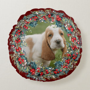 Dog Photo Pet's Christmas cute Xmas wreath custom Round Cushion