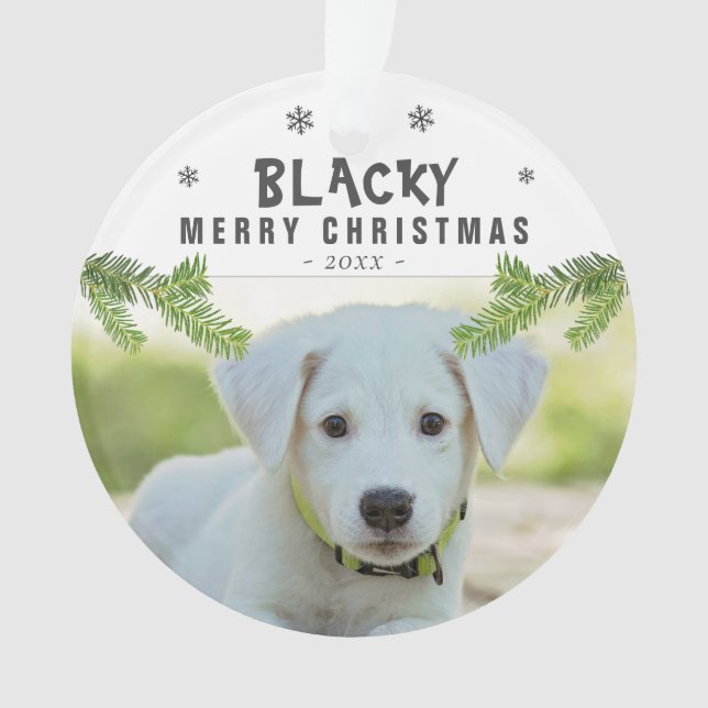 Dog Photo Pine Branch Snowflakes Merry Christmas  Ornament (Front)