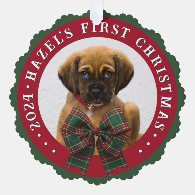 Dog Photo Plaid Bow Christmas Paper Ornament Card (Front)