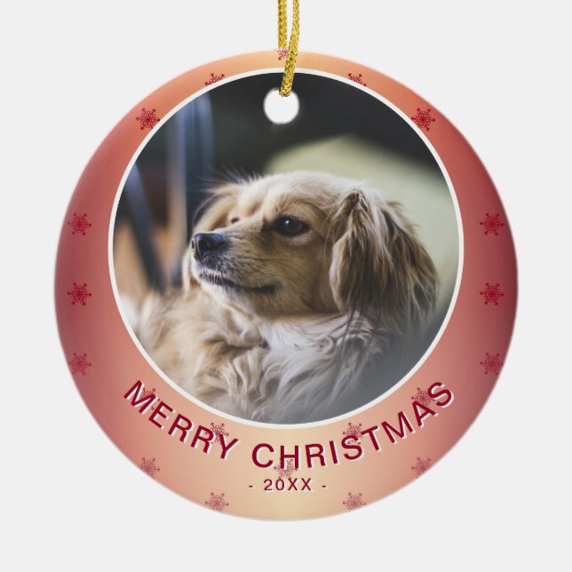 Dog Photo Red Snowflake Metallic Christmas Ceramic Tree Decoration (Front)