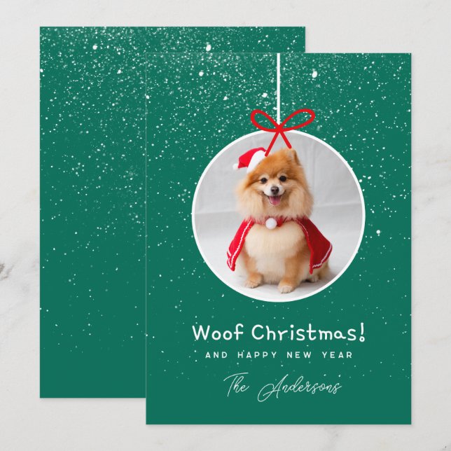 Dog Photo Snow Green Woof  Christmas  Holiday Card (Front/Back)