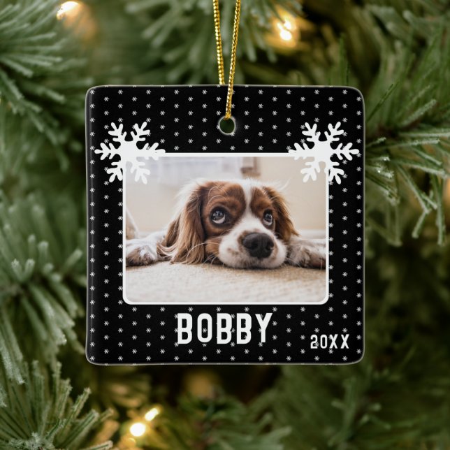 Dog Photo Snowflakes Black Pet Name Ceramic Ornament (Tree)