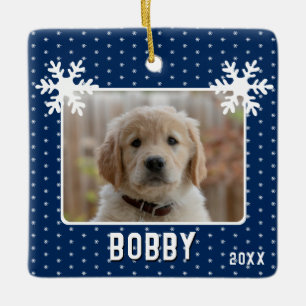 Dog Photo Snowflakes Blue Pet Name Christmas  Ceramic Ornament