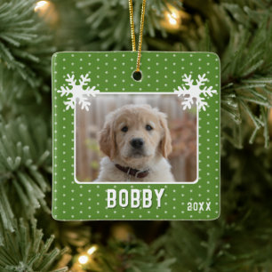 Dog Photo Snowflakes Green Pet Name Christmas Ceramic Ornament