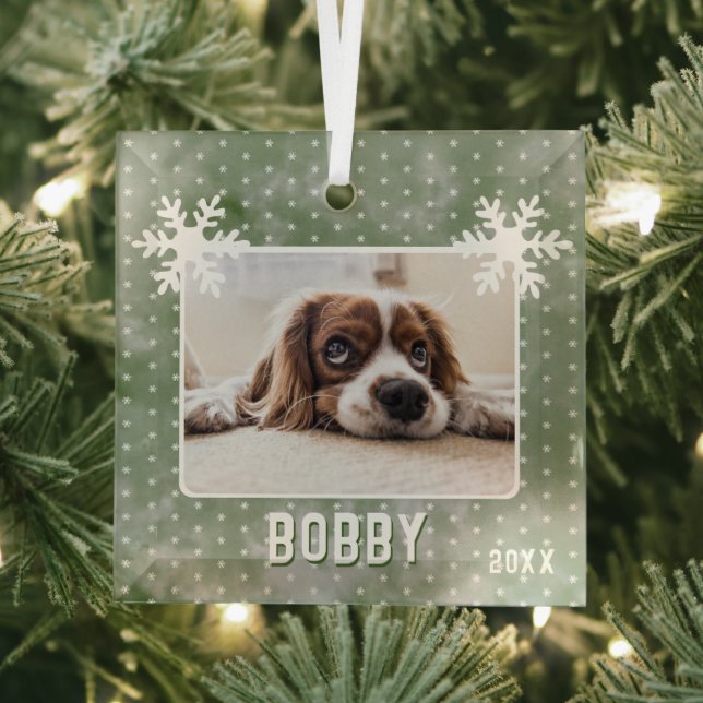 Dog Photo Snowflakes Green Pet Name Christmas Glass Tree Decoration (Insitu)