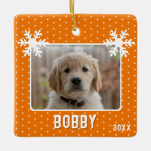 Dog Photo Snowflakes Orange Pet Name Christmas  Ceramic Ornament