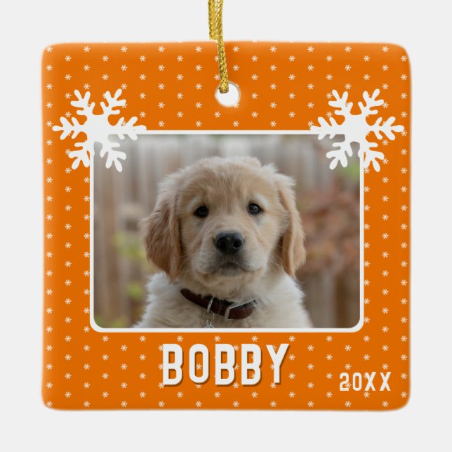 Dog Photo Snowflakes Orange Pet Name Christmas  Ceramic Ornament (Front)