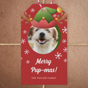 Dog Photo w/ Elf Reindeer Antler Hat Christmas Gift Tags