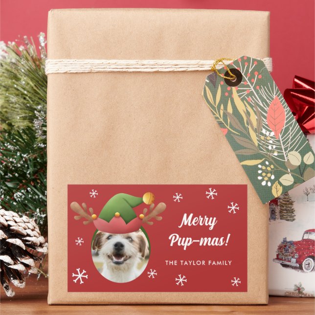 Dog Photo w/ Elf Reindeer Antler Hat Christmas Rectangular Sticker (Holiday)
