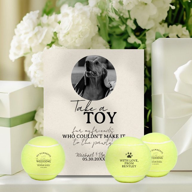 Dog Photo Wedding Tennis Ball Favour Pedestal Sign (Give guests a fun, tennis ball favor to take home to their pets with this Dog Wedding Favor Sign!)